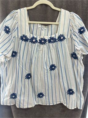 Madewell White Top with Light-Blue Stripes and Navy Floral Embroidery